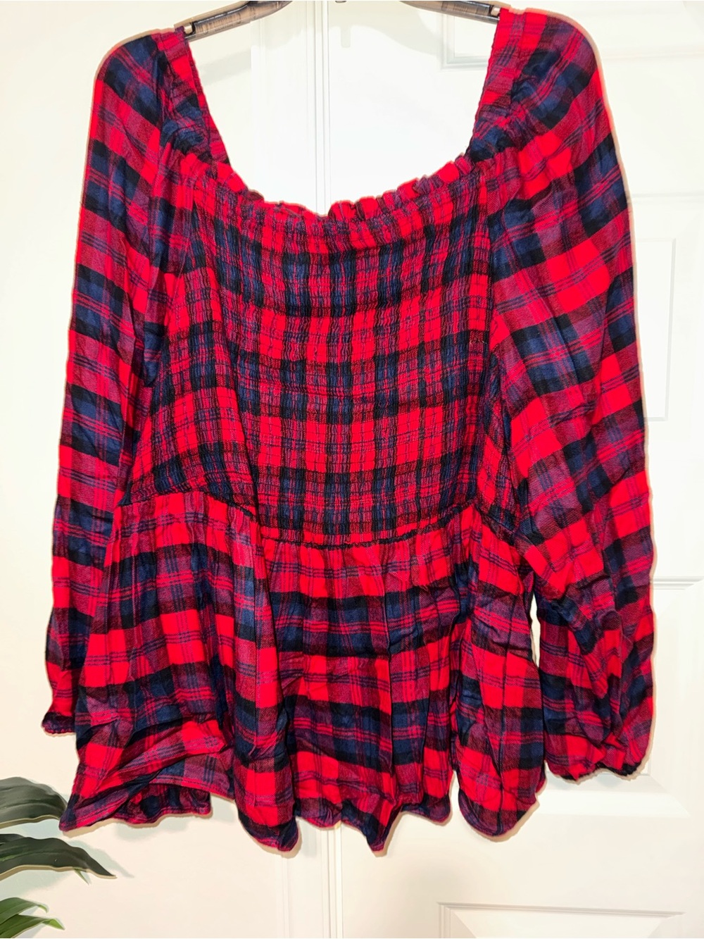 torrid Red and Navy Plaid Off-Shoulder Peasant Top